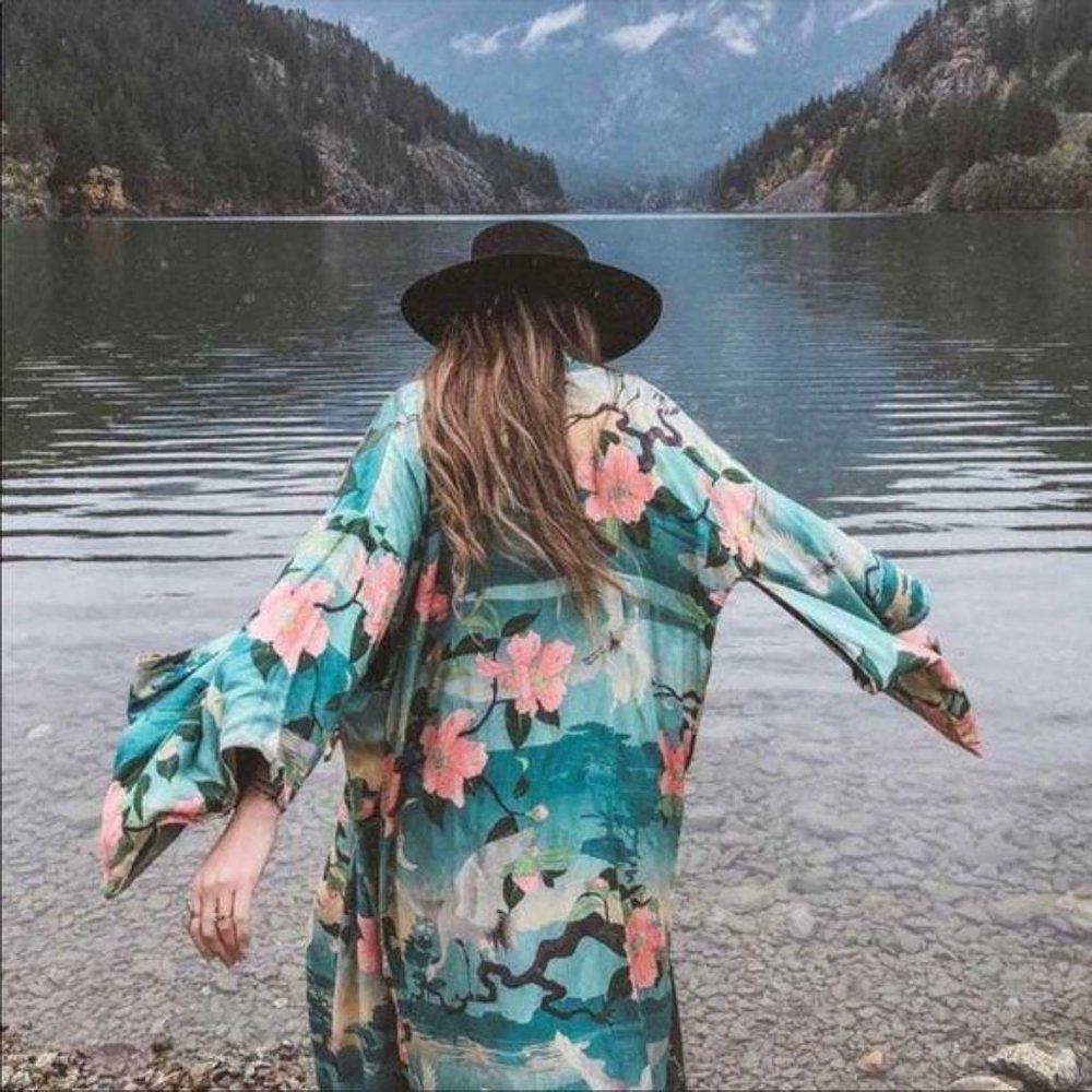 Boho Kimono Floral Bird Print Maxi Gypsy Coverup - Picture 2 of 5